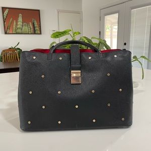 H&M satchel tote with red velvet interior and gold buttons